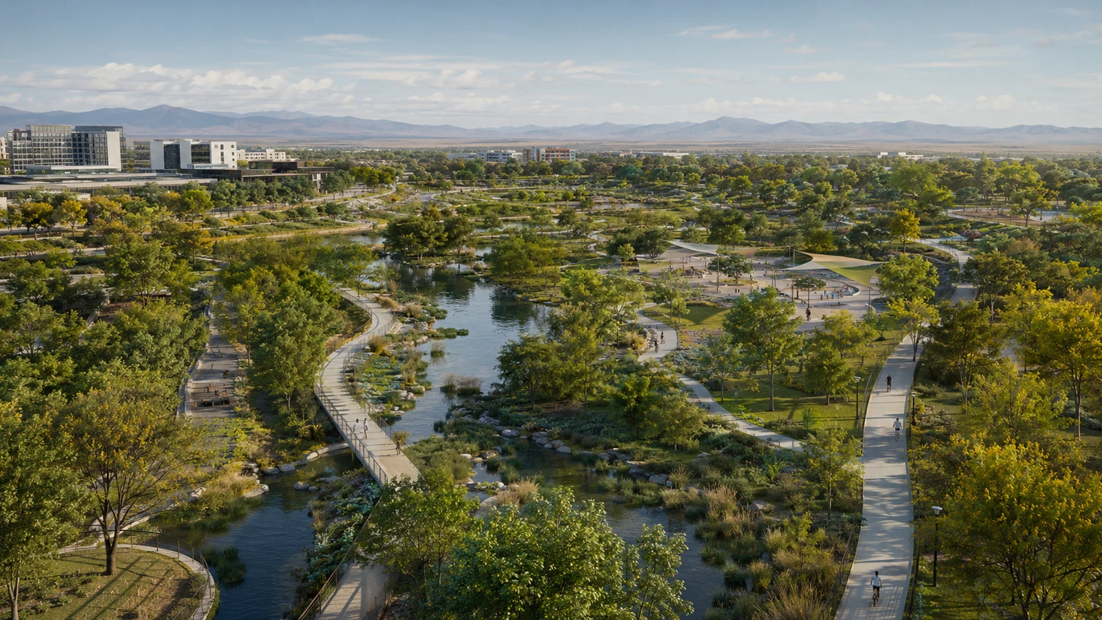 Illustrative green-blue reserve with water, parks and active mobility routes