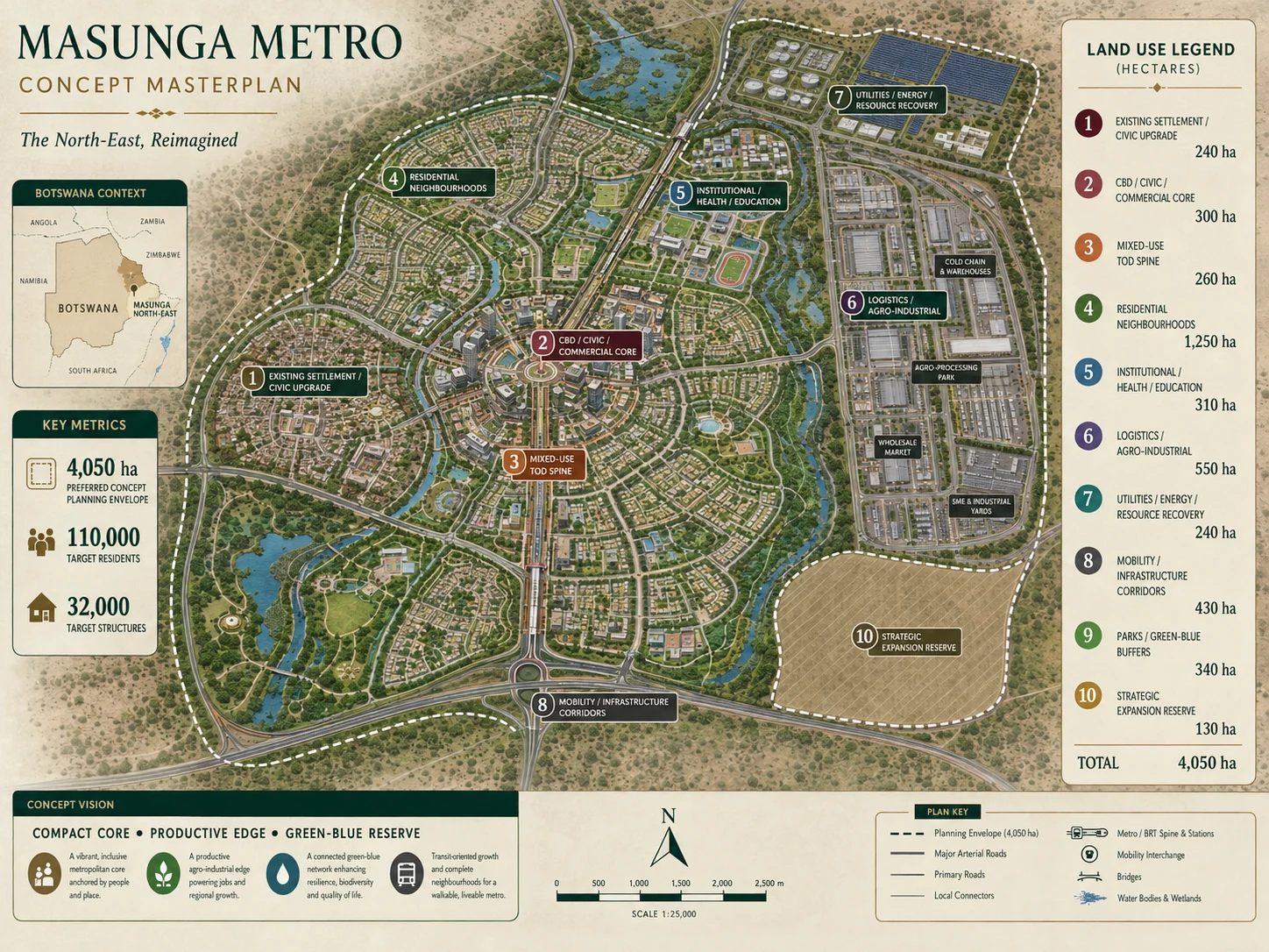 Masunga Metro concept masterplan showing the 4,050 hectare planning envelope and ten land-use systems