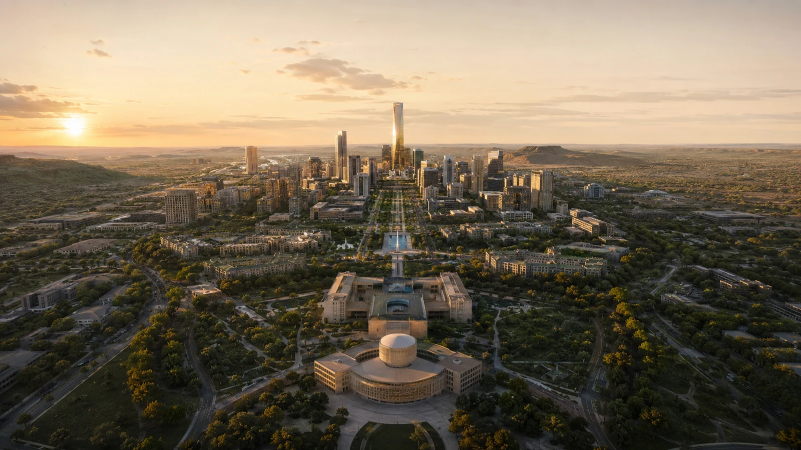 Illustrative aerial vision of Masunga Metro at sunset